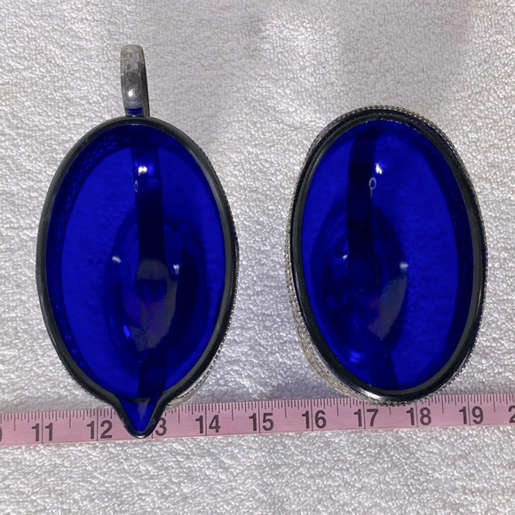 Vintage Silver Tone Pedestal Cobalt  Blue Glass Royal Sapphire Cream & Sugar Set - Picture 15 of 16